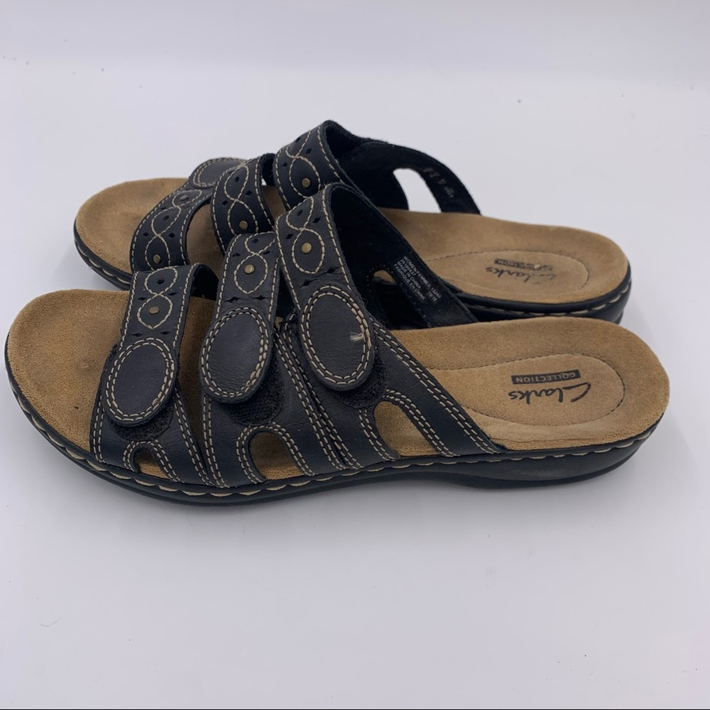 Clarks Womens 8 Leisa Faye Black Leather Slides Hook Loop Open Toe Sandals